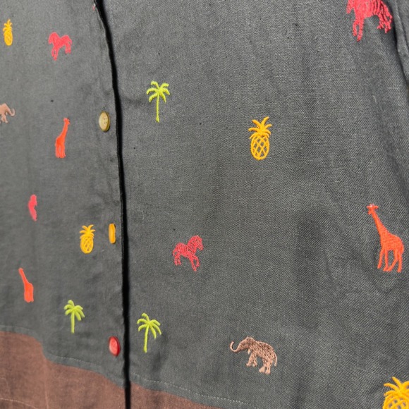 VTG 90s Studio Ease Linen Button Up Top Black Novelty Granola Girl Zoo Palm Tree - Picture 4 of 10